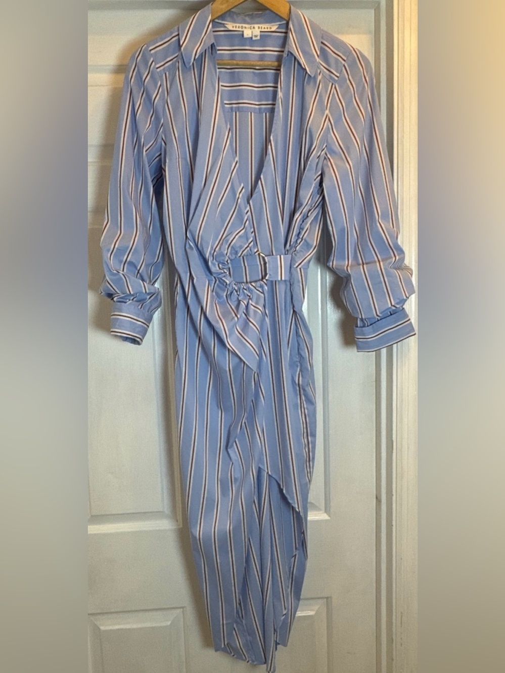 Veronica Beard Afton Wrap Effect MIDI Stripe Metal Ring Accent Dress Size 4